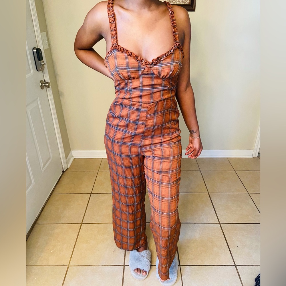 Brown Plaid Jumpsuit